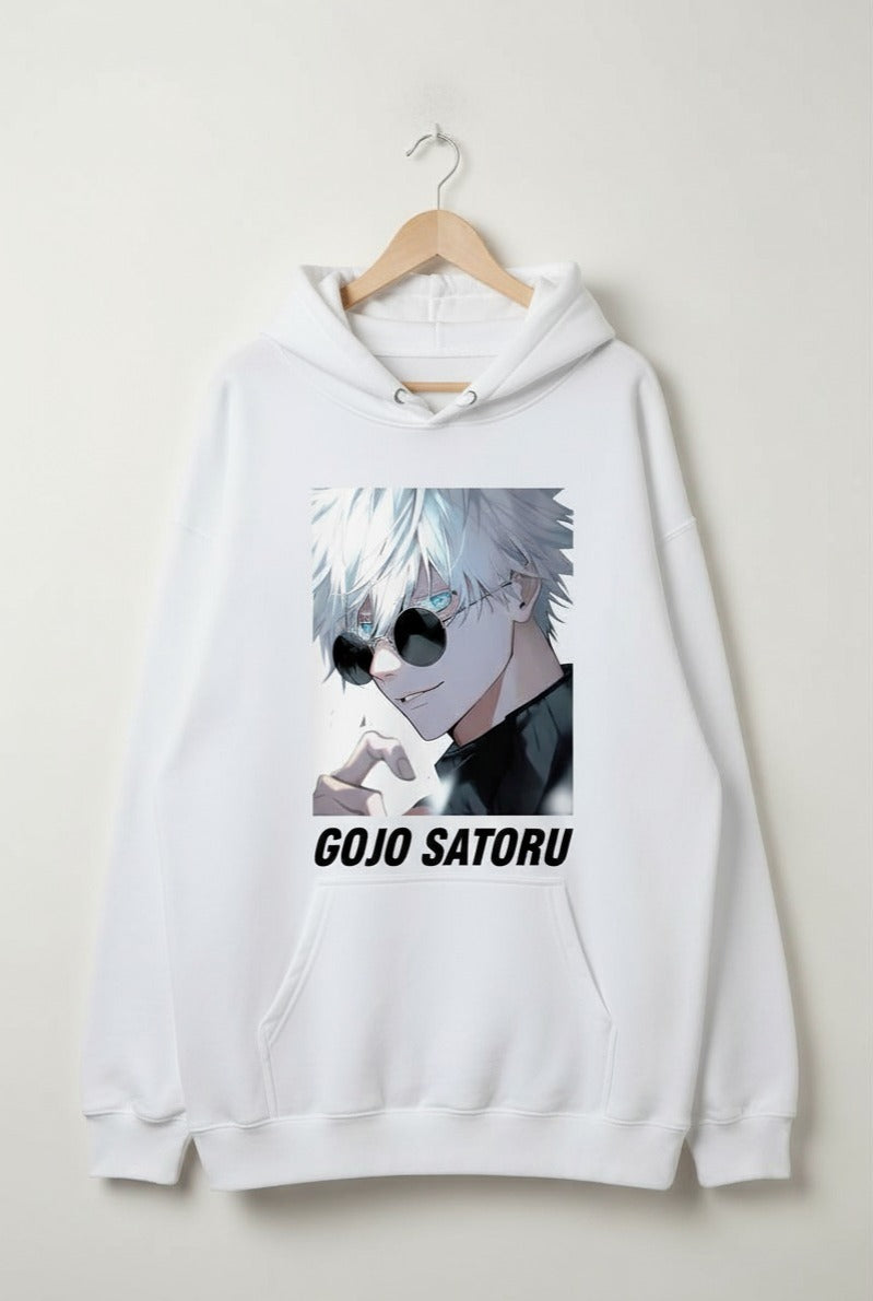 Rebel Threads – Gojo Satoru Graphic Hoodie (White Edition)