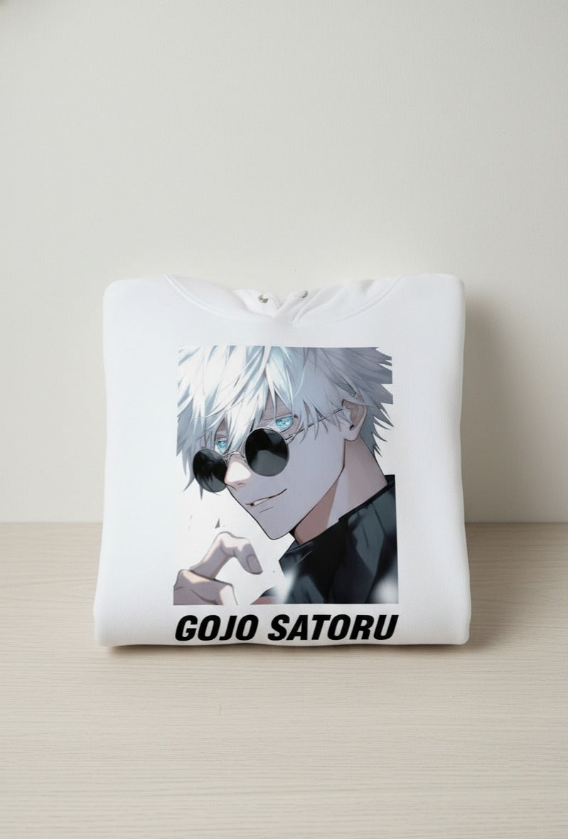 Rebel Threads – Gojo Satoru Graphic Hoodie (White Edition)